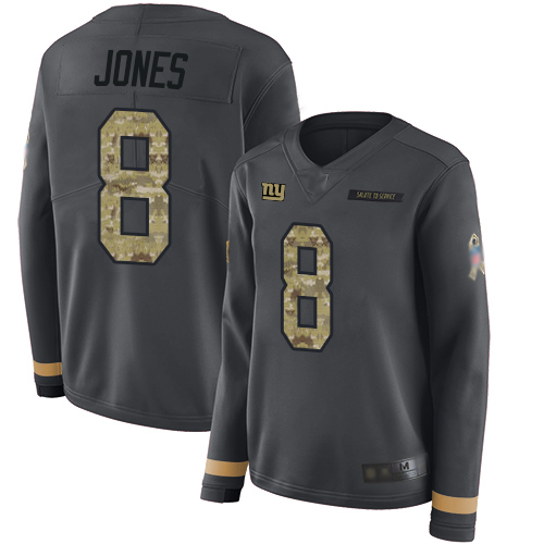 Personalized Giants #8 Daniel Jones Anthracite Salute to Service Women’s Stitched Football Limited Therma Long Sleeve Jersey