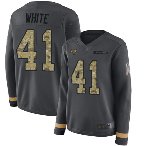 Personalized Buccaneers #41 Devin White Anthracite Salute to Service Women’s Stitched Football Limited Therma Long Sleeve Jersey