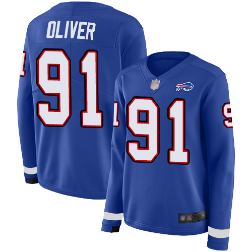 Personalized Bills #91 Ed Oliver Royal Blue Team Color Women’s Stitched Football Limited Therma Long Sleeve Jersey