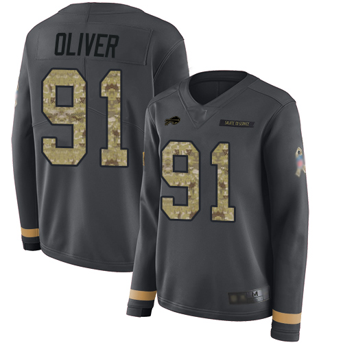 Personalized Bills #91 Ed Oliver Anthracite Salute to Service Women’s Stitched Football Limited Therma Long Sleeve Jersey