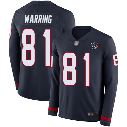 Personalized Texans #81 Kahale Warring Navy Blue Team Color Men’s Stitched Football Limited Therma Long Sleeve Jersey