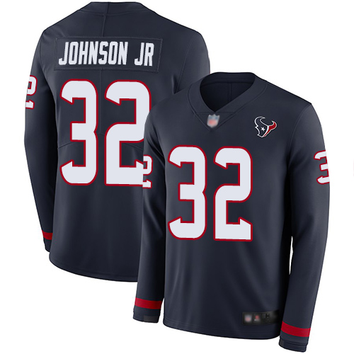 Personalized Texans #32 Lonnie Johnson Jr. Navy Blue Team Color Men’s Stitched Football Limited Therma Long Sleeve Jersey