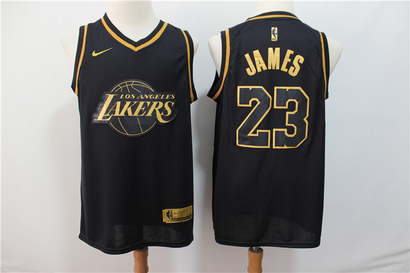 Personalized Lakers 23 Lebron James Black Gold Swingman Jersey