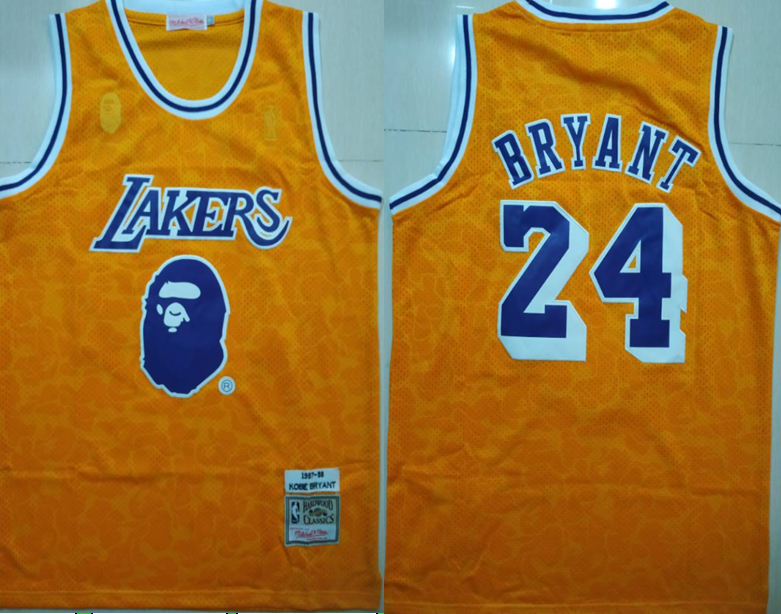 Personalized Lakers Bape 24 Kobe Bryant Yellow 1997-98 Hardwood Classics Jersey