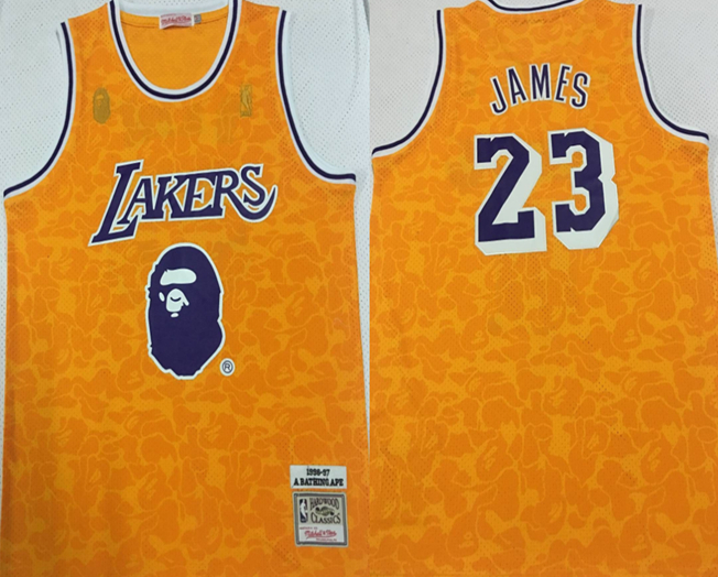 Personalized Lakers Bape 23 Lebron James Yellow 1996-97 Hardwood Classics Jersey