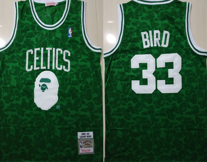 Personalized Celtics Bape 33 Larry Bird Green 1985-86 Hardwood Classics Jersey