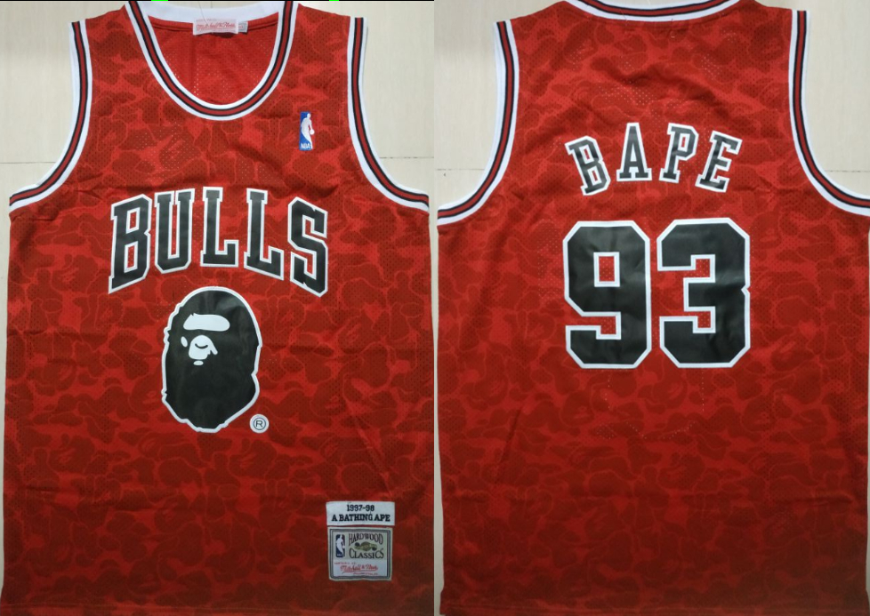 Personalized Bulls 93 Bape Red 1997-98 Hardwood Classics Jersey