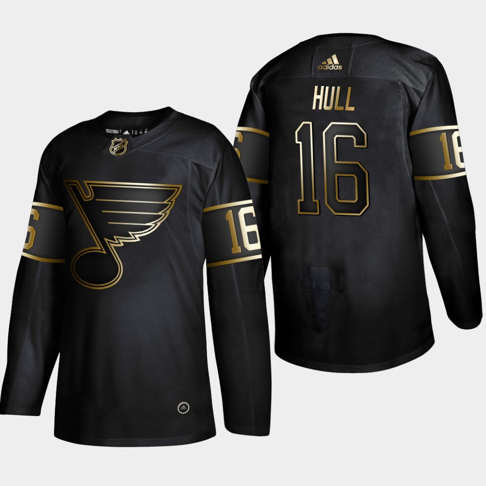 Personalized Blues 16 Brett Hull Black Gold Jersey