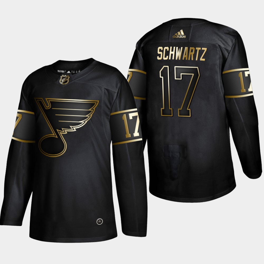 Personalized Blues 17 Jaden Schwartz Black Gold Jersey