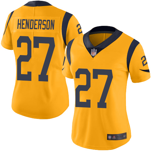Personalized Rams #27 Darrell Henderson Gold Women’s Stitched Football Limited Rush Jersey