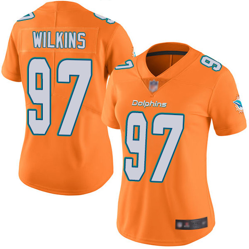 Personalized Dolphins #97 Christian Wilkins Orange Women’s Stitched Football Limited Rush Jersey