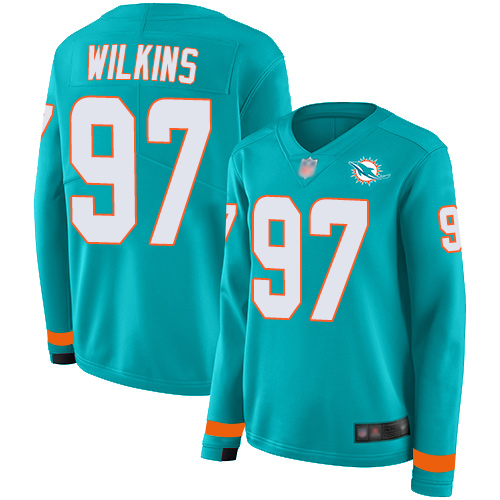 Personalized Dolphins #97 Christian Wilkins Aqua Green Team Color Women’s Stitched Football Limited Therma Long Sleeve Jersey