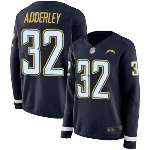 Personalized Chargers #32 Nasir Adderley Navy Blue Team Color Women’s Stitched Football Limited Therma Long Sleeve Jersey
