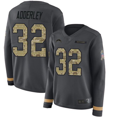 Personalized Chargers #32 Nasir Adderley Anthracite Salute to Service Women’s Stitched Football Limited Therma Long Sleeve Jersey