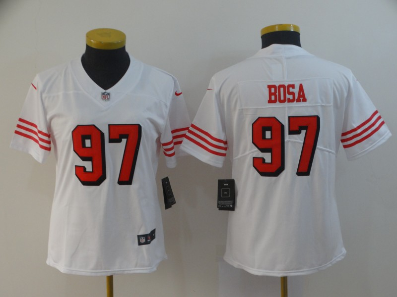 Personalized 49ers 97 Nick Bosa White Women 2019 NFL Draft First Round Pick Color Rush Untouchable Limited Jersey