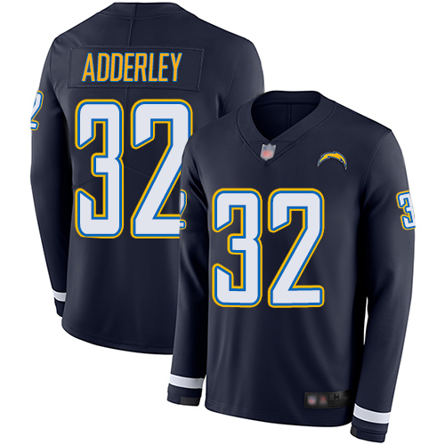 Personalized Chargers #32 Nasir Adderley Navy Blue Team Color Youth Stitched Football Limited Therma Long Sleeve Jersey