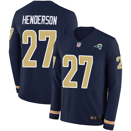 Personalized Rams #27 Darrell Henderson Navy Blue Team Color Men’s Stitched Football Limited Therma Long Sleeve Jersey