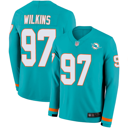 Personalized Dolphins #97 Christian Wilkins Aqua Green Team Color Men’s Stitched Football Limited Therma Long Sleeve Jersey