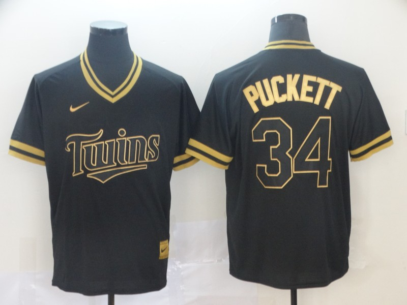 Personalized Twins 34 Kirby Puckett Black Gold Cooperstown Collection Legend V Neck Jersey