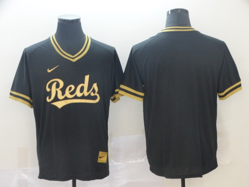 Personalized Reds Blank Black Gold Cooperstown Collection Legend V Neck Jersey