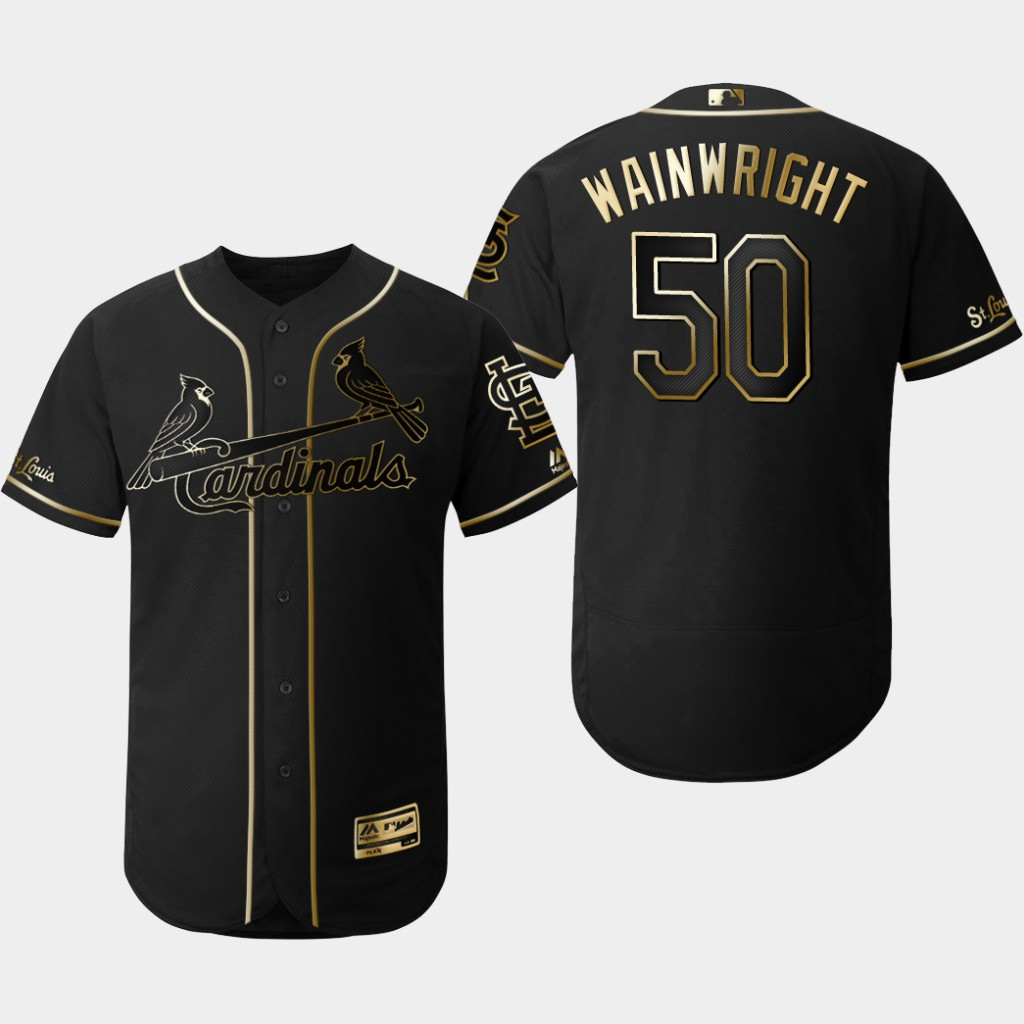 Personalized Cardinals 50 Adam Wainwright Black Gold Flexbase Jersey