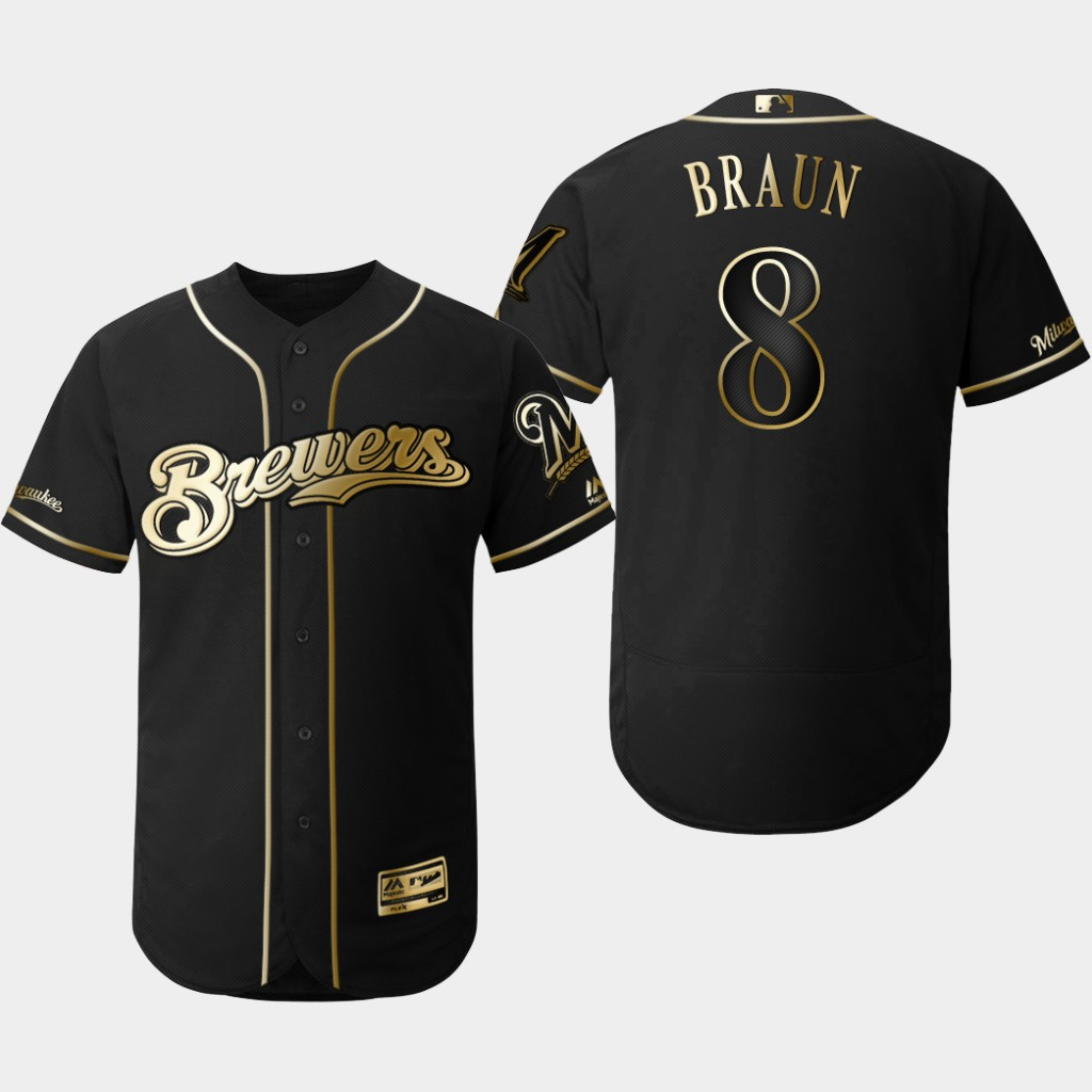 Personalized Brewers 8 Ryan Braun Black Gold Flexbase Jersey