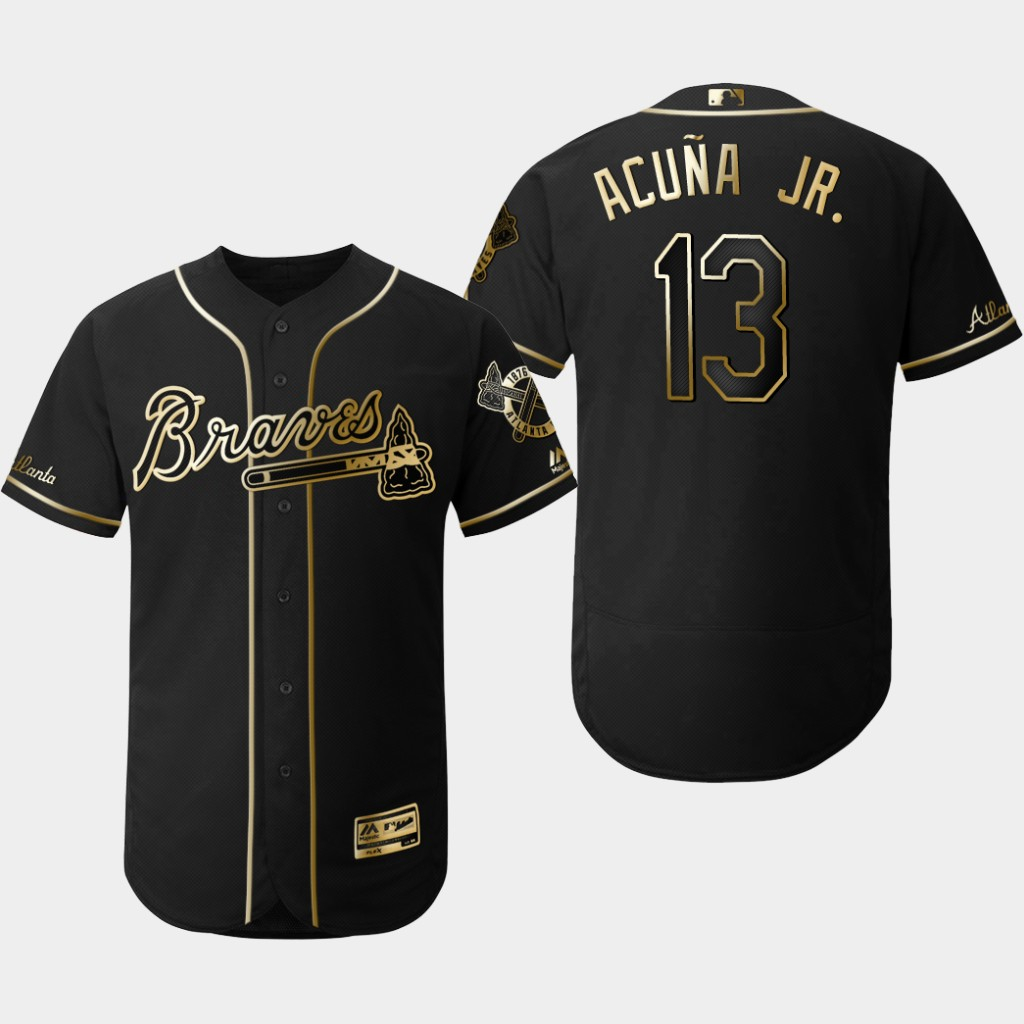 Personalized Braves 13 Ronald Acuna Jr Black Gold Flexbase Jersey