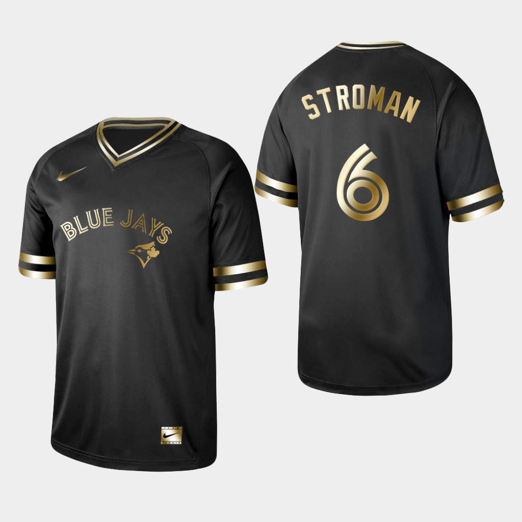Personalized Blue Jays 6 Marcus Stroman Black Gold Cooperstown Collection Legend V Neck Jersey