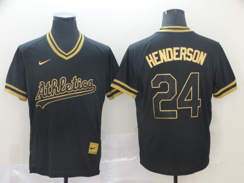 Personalized Athletics 24 Rickey Henderson Black Gold Cooperstown Collection Legend V Neck Jersey