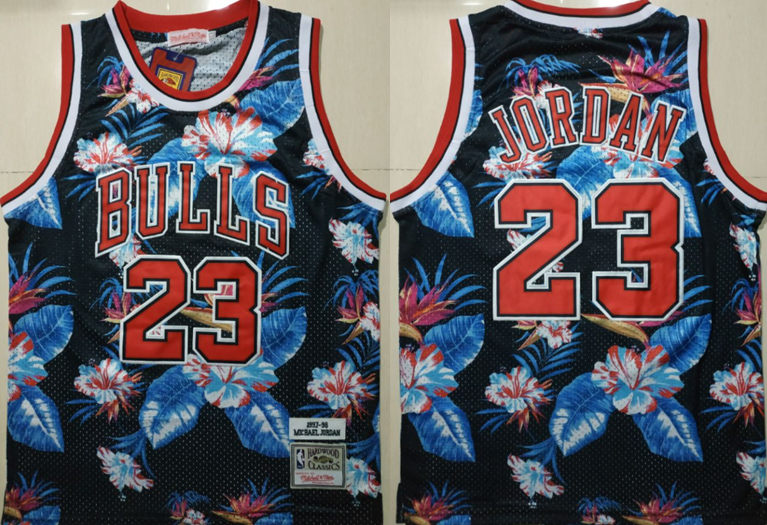 Personalized Bulls 23 Michael Jordan Black 1997-98 Hardwood Classics Floral Fashion Swingman Jersey