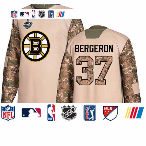 Personalized Bruins #37 Patrice Bergeron Camo Authentic 2017 Veterans Day Stanley Cup Final Bound Youth Stitched Hockey Jersey