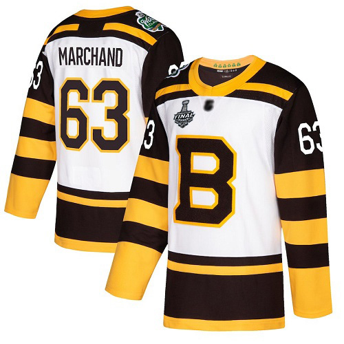 Personalized Bruins #63 Brad Marchand White Authentic 2019 Winter Classic Stanley Cup Final Bound Youth Stitched Hockey Jersey