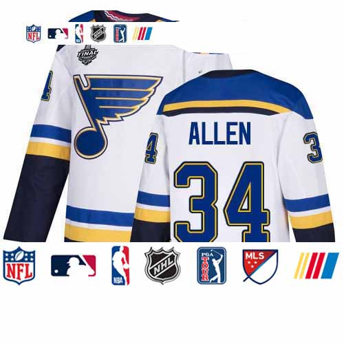 Personalized Blues #34 Jake Allen White Road Authentic Stanley Cup Final Bound Stitched Youth Hockey Jersey