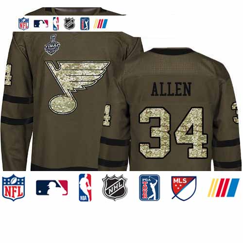 Personalized Blues #34 Jake Allen Green Salute to Service Stanley Cup Final Bound Stitched Youth Hockey Jersey