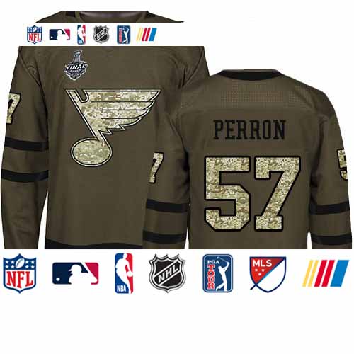 Personalized Blues #57 David Perron Green Salute to Service Stanley Cup Final Bound Stitched Youth Hockey Jersey