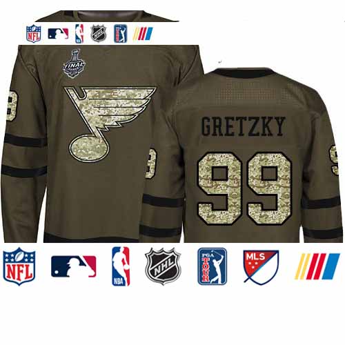 Personalized Blues #99 Wayne Gretzky Green Salute to Service Stanley Cup Final Bound Stitched Youth Hockey Jersey
