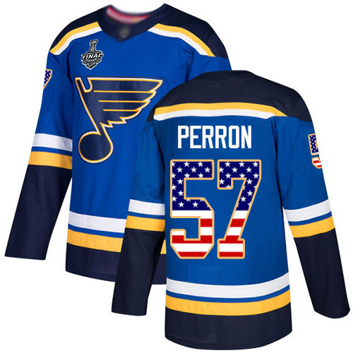 Personalized Blues #57 David Perron Blue Home Authentic USA Flag Stanley Cup Final Bound Stitched Youth Hockey Jersey