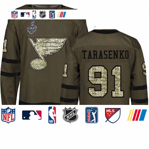 Personalized Blues #91 Vladimir Tarasenko Green Salute to Service Stanley Cup Final Bound Stitched Youth Hockey Jersey