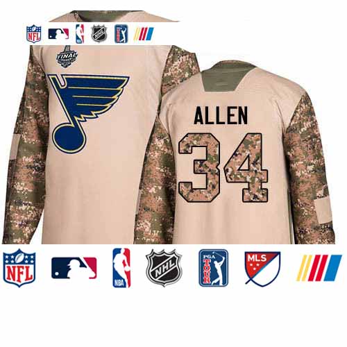 Personalized Blues #34 Jake Allen Camo Authentic 2017 Veterans Day Stanley Cup Final Bound Stitched Youth Hockey Jersey