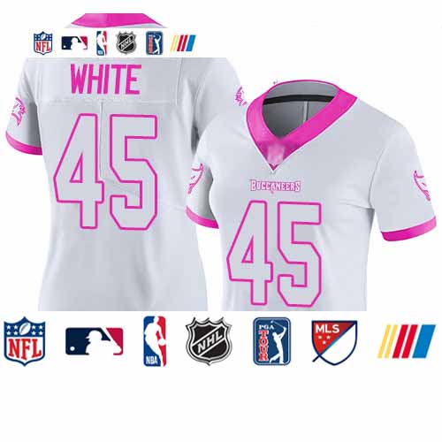 Personalized Buccaneers #45 Devin White White Pink Women’s Stitched Football Limited Rush Fashion Jersey
