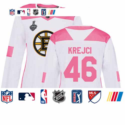 Personalized Bruins #46 David Krejci White Pink Authentic Fashion Stanley Cup Final Bound Women’s Stitched Hockey Jersey