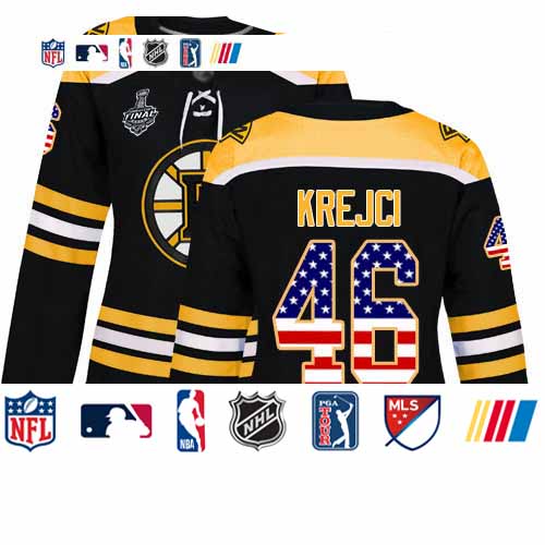 Personalized Bruins #46 David Krejci Black Home Authentic USA Flag Stanley Cup Final Bound Women’s Stitched Hockey Jersey