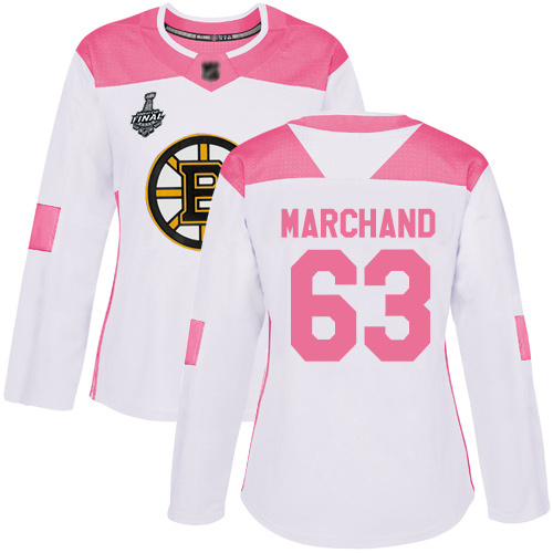 Personalized Bruins #63 Brad Marchand White Pink Authentic Fashion Stanley Cup Final Bound Women’s Stitched Hockey Jersey