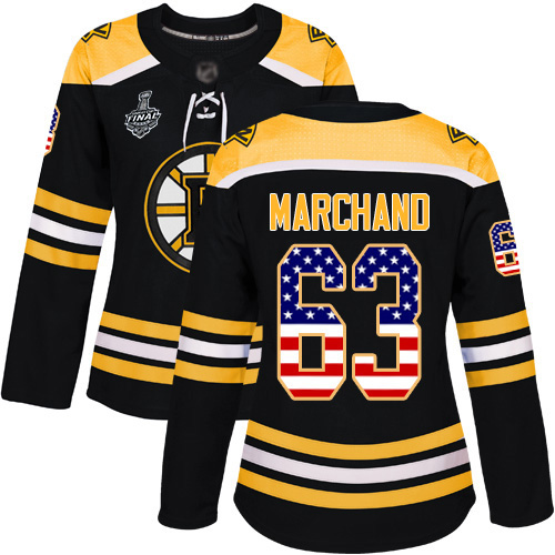 Personalized Bruins #63 Brad Marchand Black Home Authentic USA Flag Stanley Cup Final Bound Women’s Stitched Hockey Jersey