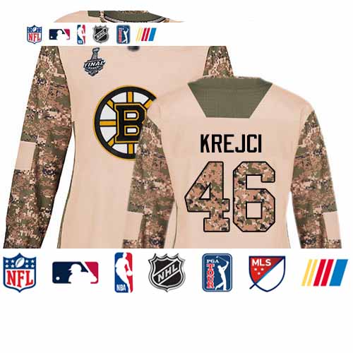 Personalized Bruins #46 David Krejci Camo Authentic 2017 Veterans Day Stanley Cup Final Bound Women’s Stitched Hockey Jersey