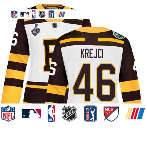 Personalized Bruins #46 David Krejci White Authentic 2019 Winter Classic Stanley Cup Final Bound Women’s Stitched Hockey Jersey
