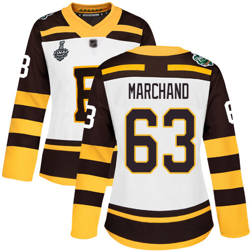 Personalized Bruins #63 Brad Marchand White Authentic 2019 Winter Classic Stanley Cup Final Bound Women’s Stitched Hockey Jersey