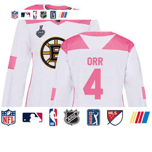 Personalized Bruins #4 Bobby Orr White Pink Authentic Fashion Stanley Cup Final Bound Women’s Stitched Hockey Jersey