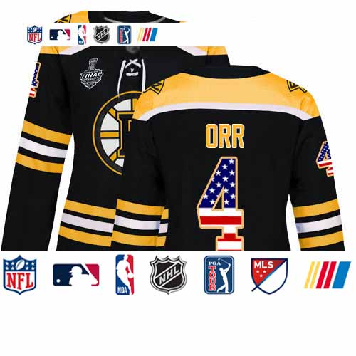 Personalized Bruins #4 Bobby Orr Black Home Authentic USA Flag Stanley Cup Final Bound Women’s Stitched Hockey Jersey