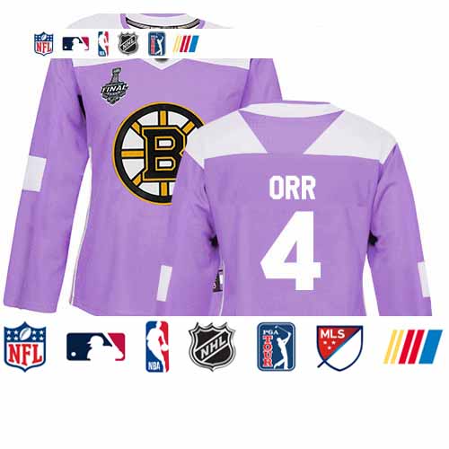 Personalized Bruins #4 Bobby Orr Purple Authentic Fights Cancer Stanley Cup Final Bound Women’s Stitched Hockey Jersey